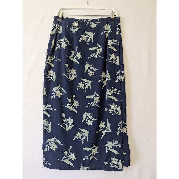 Talbots Size 14 Navy Blue Floral Silk Midi Wrap Skirt Womens Office Church - Picture 1 of 8